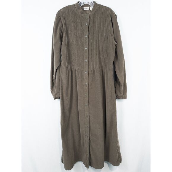 Vintage LL Bean Corduroy Maxi Shirt Dress 14 Brown Pintuck Modest Cottagecore - Picture 1 of 16